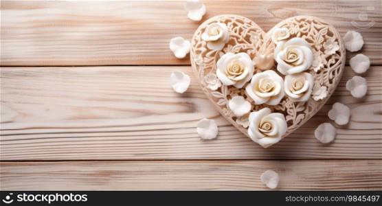 Carved heart with white roses on wooden background. Carved heart with white roses on wooden background.