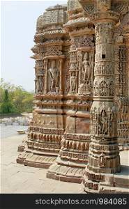 Carved pillar and walls, Sabha Mandap, Sun Temple, Modhera, Gujarat, India.