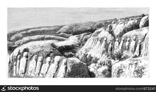 Carved Rocks of Hanaoueh near Tyre, Lebanon, vintage engraved illustration. Le Tour du Monde, Travel Journal, 1881
