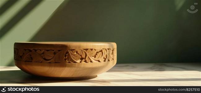 Carved teak round wooden podium with beautiful grain on sage green table counter in sunlight, leaf shadow on wall background for luxury organic cosmetic. Generative ai illustration. . Carved teak round wooden podium with beautiful grain on sage green table counter in sunlight, leaf shadow on wall background for luxury organic cosmetic. Generative ai. 