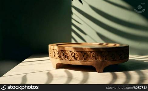 Carved teak round wooden podium with beautiful grain on sage green table counter in sunlight, leaf shadow on wall background for luxury organic cosmetic. Generative ai illustration. . Carved teak round wooden podium with beautiful grain on sage green table counter in sunlight, leaf shadow on wall background for luxury organic cosmetic. Generative ai. 