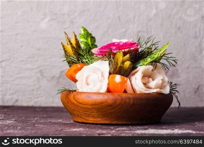Carved vegetables appetizer, original creative food for alcohol drinking, the present bouquet for men. Carved vegetables for men