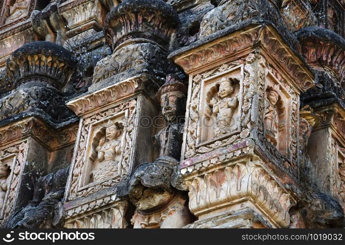 Carving details of the gopuram of Ganesh Mandir at Purandare Wada, Saswad, Maharashtra, India. Carving details of the gopuram of Ganesh Mandir, Purandare Wada, Saswad, Maharashtra, India