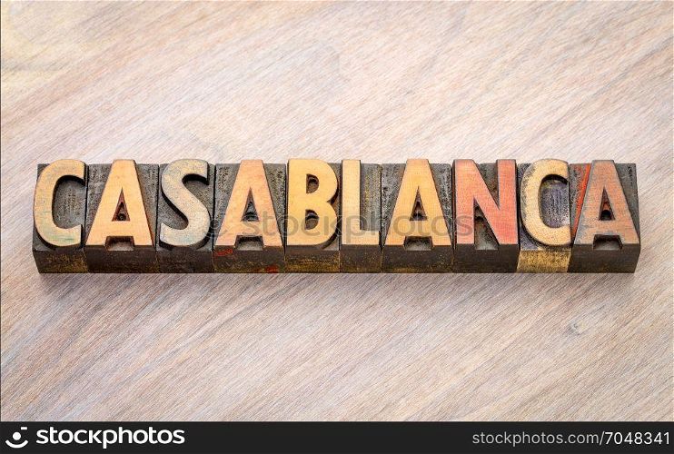 Casablanca word abstract in vintage letterpress wood type printing blocks
