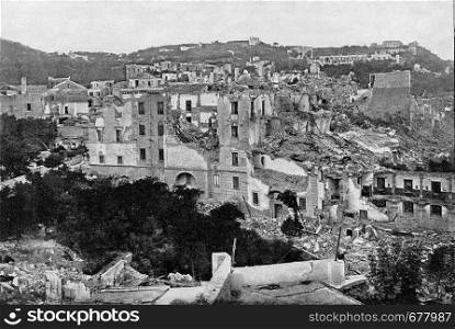 Casamicciola in the island of Ischia after the earthquake of July 28, 1883, vintage engraved illustration. From the Universe and Humanity, 1910.