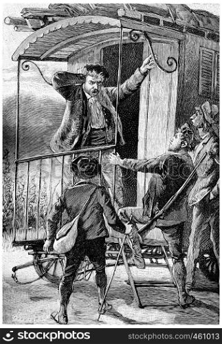 Cascabel reappeared, exclaiming: Stolen!, vintage engraved illustration. Jules Verne Cesar Cascabel, 1890.