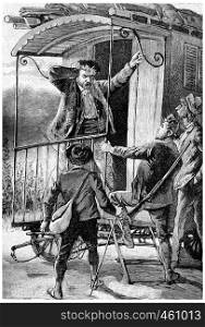 Cascabel reappeared, exclaiming: Stolen!, vintage engraved illustration. Jules Verne Cesar Cascabel, 1890.