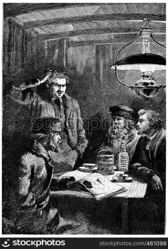Cascabel scratches his head in hair pulling, vintage engraved illustration. Jules Verne Cesar Cascabel, 1890.
