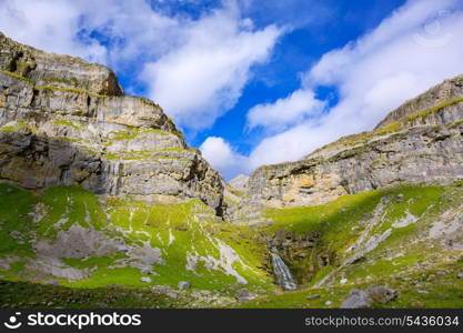 Cascada Cola de Caballo waterfall and Circo de Soaso at Ordesa Valley Aragon Huesca Pyrenees of Spain