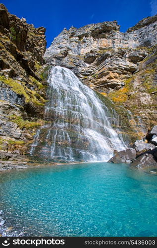 Cascada Cola de Caballo waterfall under Monte Perdido at Ordesa Valley Aragon Huesca Pyrenees of Spain