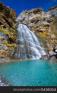 Cascada Cola de Caballo waterfall under Monte Perdido at Ordesa Valley Aragon Huesca Pyrenees of Spain