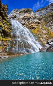 Cascada Cola de Caballo waterfall under Monte Perdido at Ordesa Valley Aragon Huesca Pyrenees of Spain