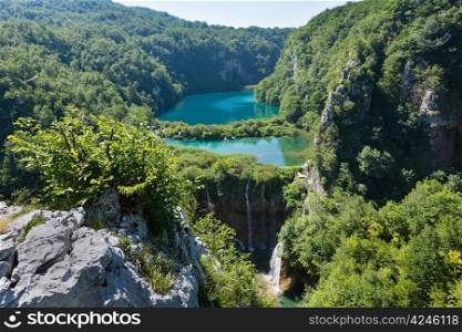 Cascade azure limpid lakes with waterfalls in Plitvice Lakes National Park (Croatia)