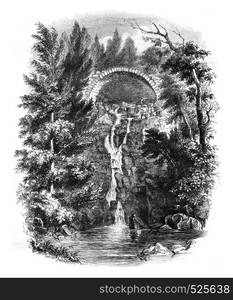 Cascade de la Roche, near the Puy, department of Haute Loire, vintage engraved illustration. Magasin Pittoresque 1846.