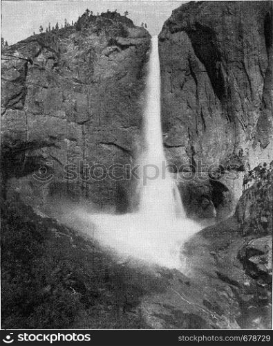 Cascade in the Yosemite Valley, vintage engraved illustration. From the Universe and Humanity, 1910.
