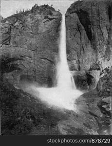 Cascade in the Yosemite Valley, vintage engraved illustration. From the Universe and Humanity, 1910.