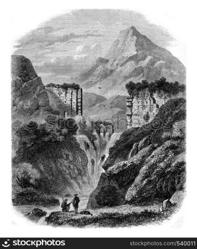 Cascade River Cause and Roman wall near Aix, vintage engraved illustration. Magasin Pittoresque 1857.