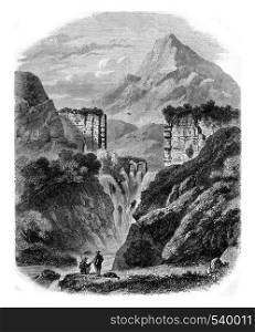 Cascade River Cause and Roman wall near Aix, vintage engraved illustration. Magasin Pittoresque 1857.