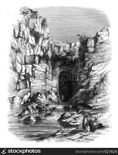 Cascade Roumel near Constantine, vintage engraved illustration. Magasin Pittoresque 1847.