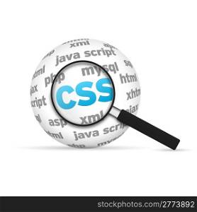 Cascade Style Sheets 3d Word Sphere with magnifying glass on white background.