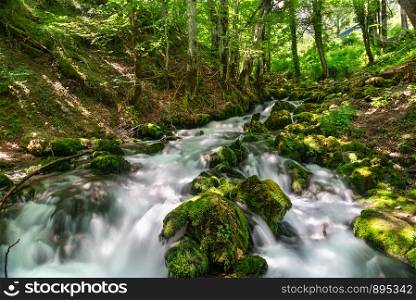 Cascades of Bukovica river in Montenegro at sunny summer day. Cascade river in Montenegro