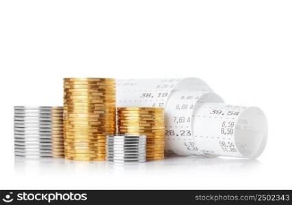 Cash®ister paper receipt check with coins stack isolated on white