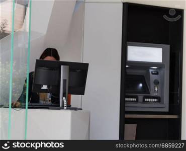 Cash Machine, Atm and Professional Woman at Front Office Desk