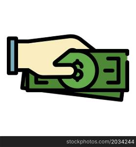 Cash money in hand icon. Outline cash money in hand vector icon color flat isolated. Cash money in hand icon color outline vector