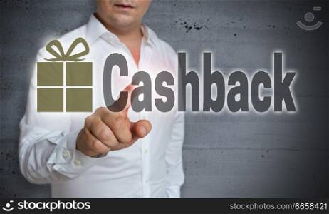 Cashback touchscreen is operated by man.. Cashback touchscreen is operated by man