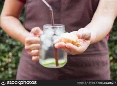 Cashew nut cookies and lime Infused detox water, stock photo