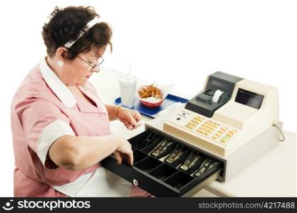 Cashier at a fast food restaurant, making change from her cash register. White background.