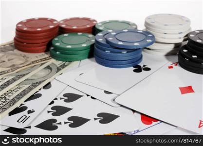 Casino chips and American money on the white background