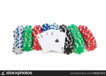 Casino chips and cards isolated on the white