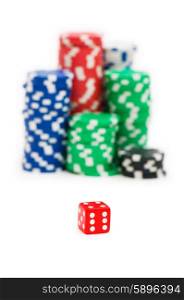 Casino chips and die isolated on the white background