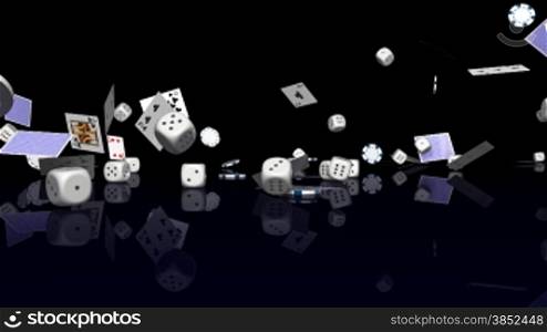 Casino chips dice and cards falling