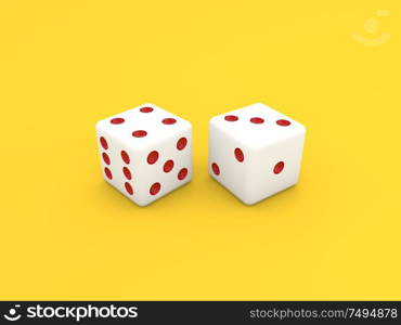 Casino dice on a yellow background. 3d render illustration.. Casino dice on a yellow background.