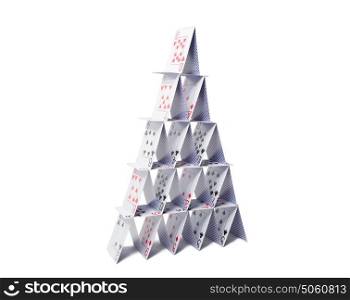 casino, gambling, games of chance, hazard and insecurity concept - house of playing cards over white background. house of playing cards over white background