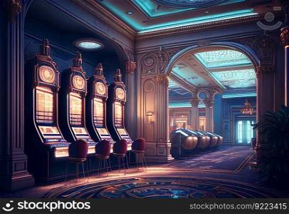 Casino hall with lots of slot machines illustration. AI generative.