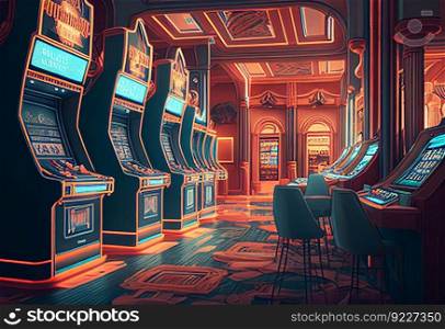 Casino hall with lots of slot machines illustration. AI generative.