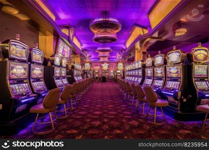 Casino interior. Slot machine in neon light. Generate Ai. Casino interior. Generate Ai