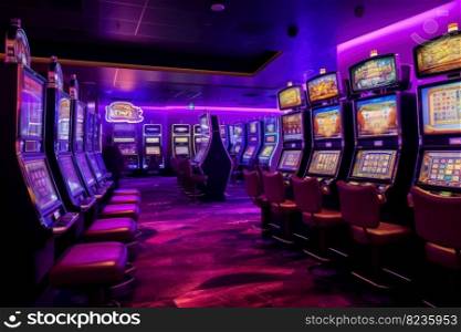 Casino interior with neon light. Play interior game. Generate AI. Casino interior with neon light. Generate AI