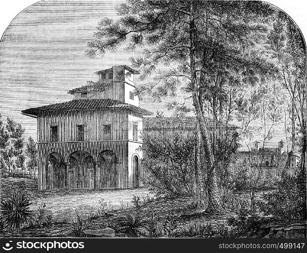 Casino of Raphael, near the Villa Borghese, in Rome, vintage engraved illustration. Magasin Pittoresque 1841.