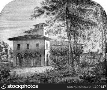 Casino of Raphael, near the Villa Borghese, in Rome, vintage engraved illustration. Magasin Pittoresque 1841.