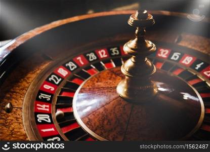 Casino roulette wheel. Risky game. Cambling and fortune concept. Entertainment and addiction. Dark illustrationn. Las Vegas casino roulette