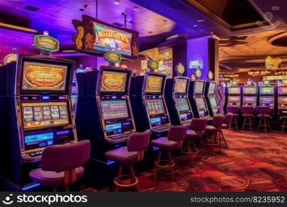 Casino slot machine room. Money play game. Generate Ai. Casino slot machine room. Generate Ai