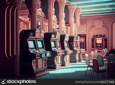 Casino with lots of slot machines illustration. AI generative.