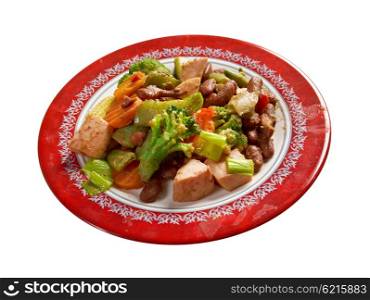 Cassoulet with pork sausage, and beans in the pot.isolated