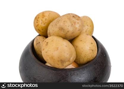 cast iron pot with a potato isolated on a white background
