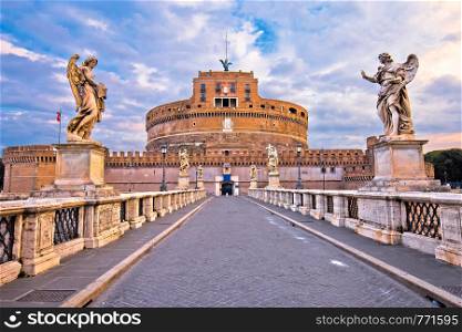 Castel Sant Angelo or The Mausoleum of Hadrian and Tiber river bridge in Rome, capital of Italy