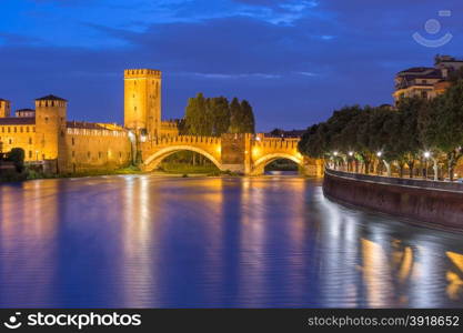 Castelvecchio in night illumination in Verona, Northern Italy.